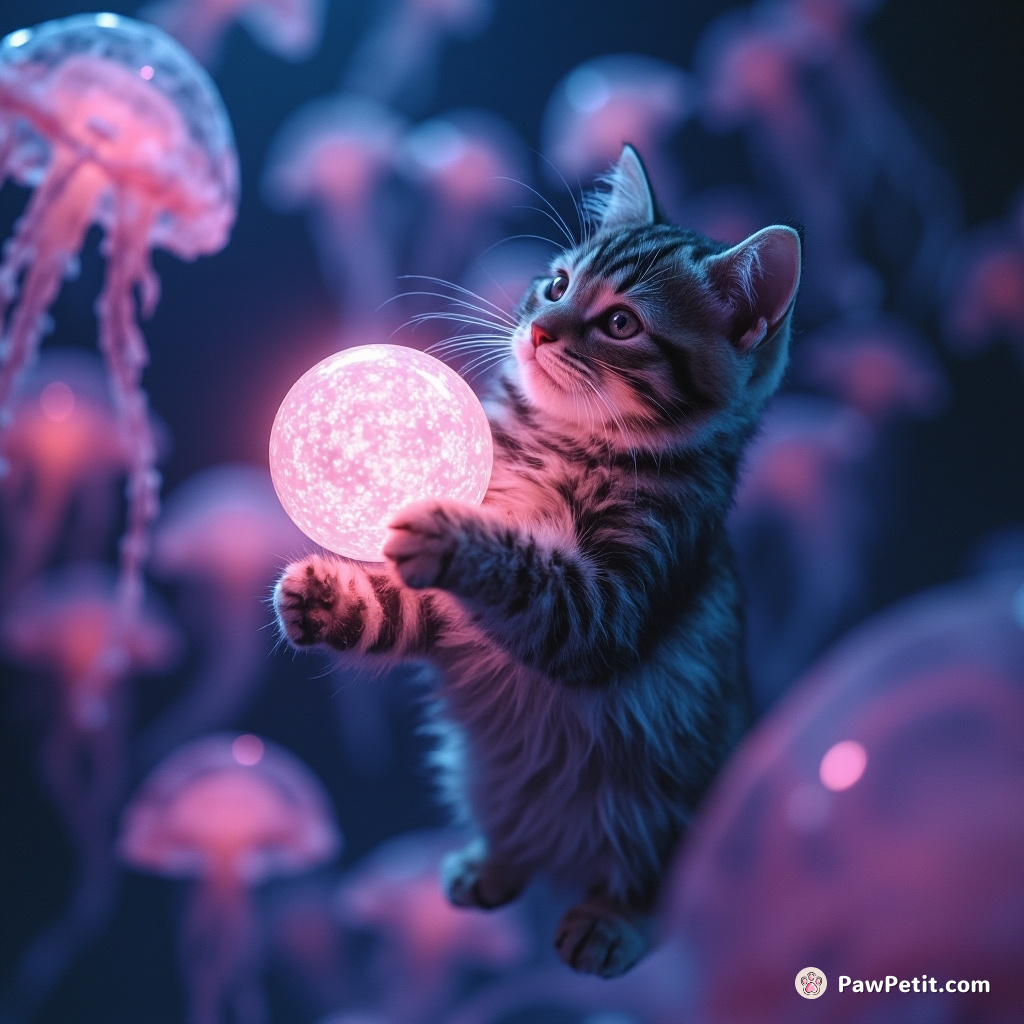 Cat playing with a glowing, ethereal sphere while floating in zero gravity surrounded by mesmerizing neon jellyfish.