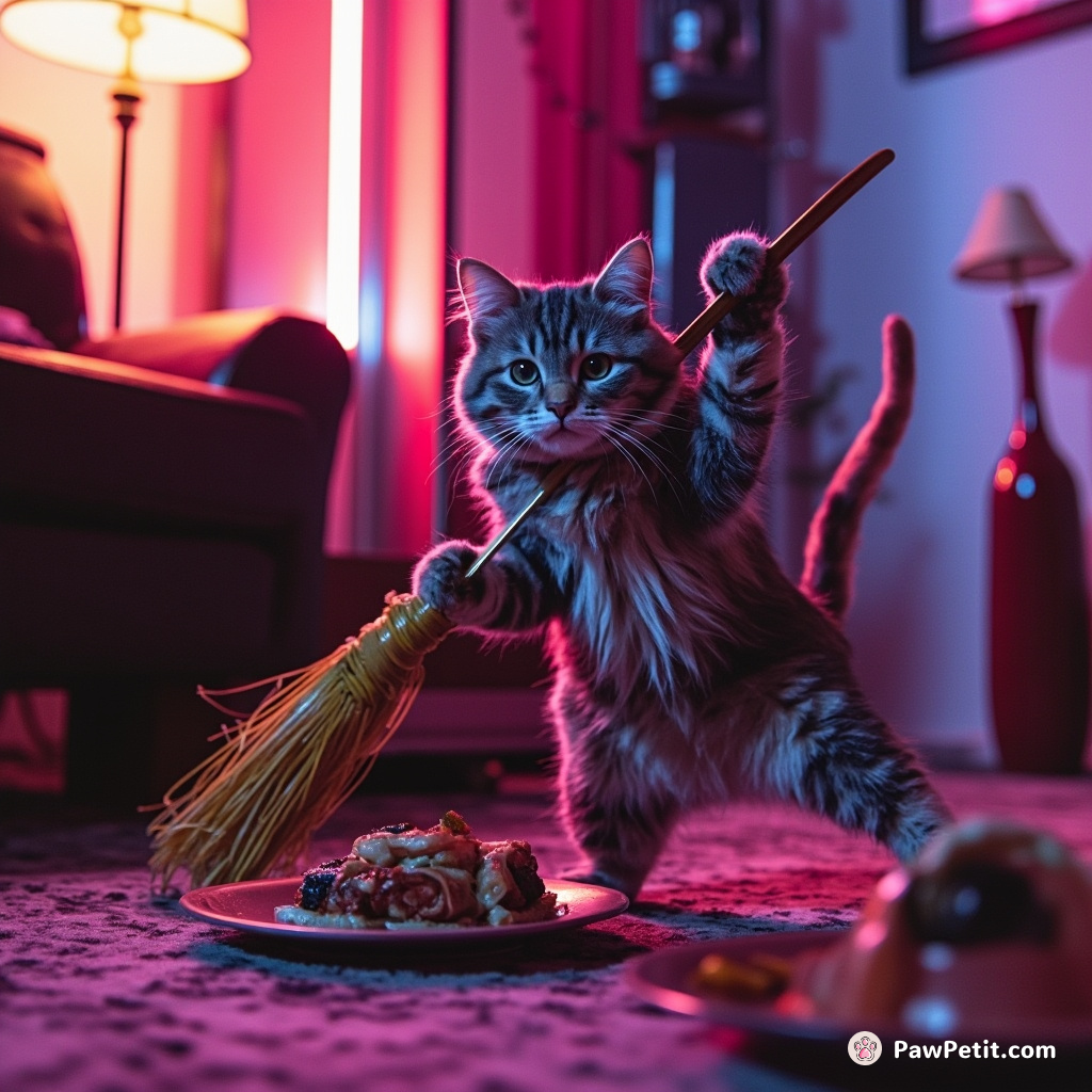 Cat dramatically swings broom, impersonating a human sweeping. Knocked over a floor lamp, vase...and dinners ready on carpet!