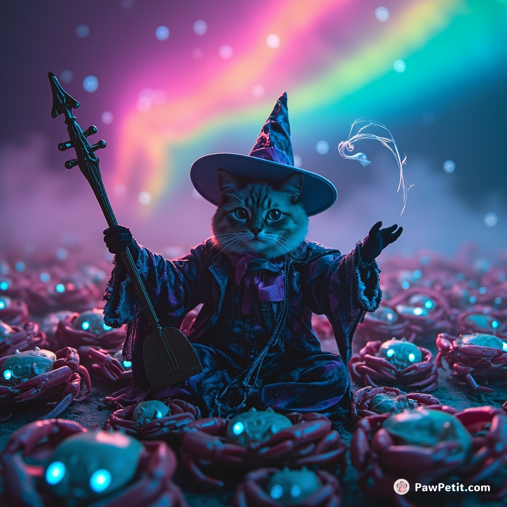 A Siamese cat wizard conducting a symphony of ghost crabs under a glittering rainbow aurora.