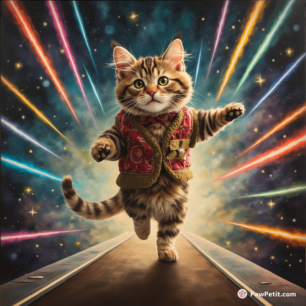 Whiskers the cat dances through a cosmic treadmill, dodging lasers and defying gravity in a galactic disco.