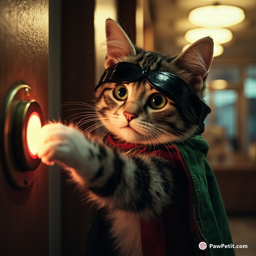 Cat presumed hero after activating alarm halting a bank heist, simply swiping at shiny emergency button with curiosity.