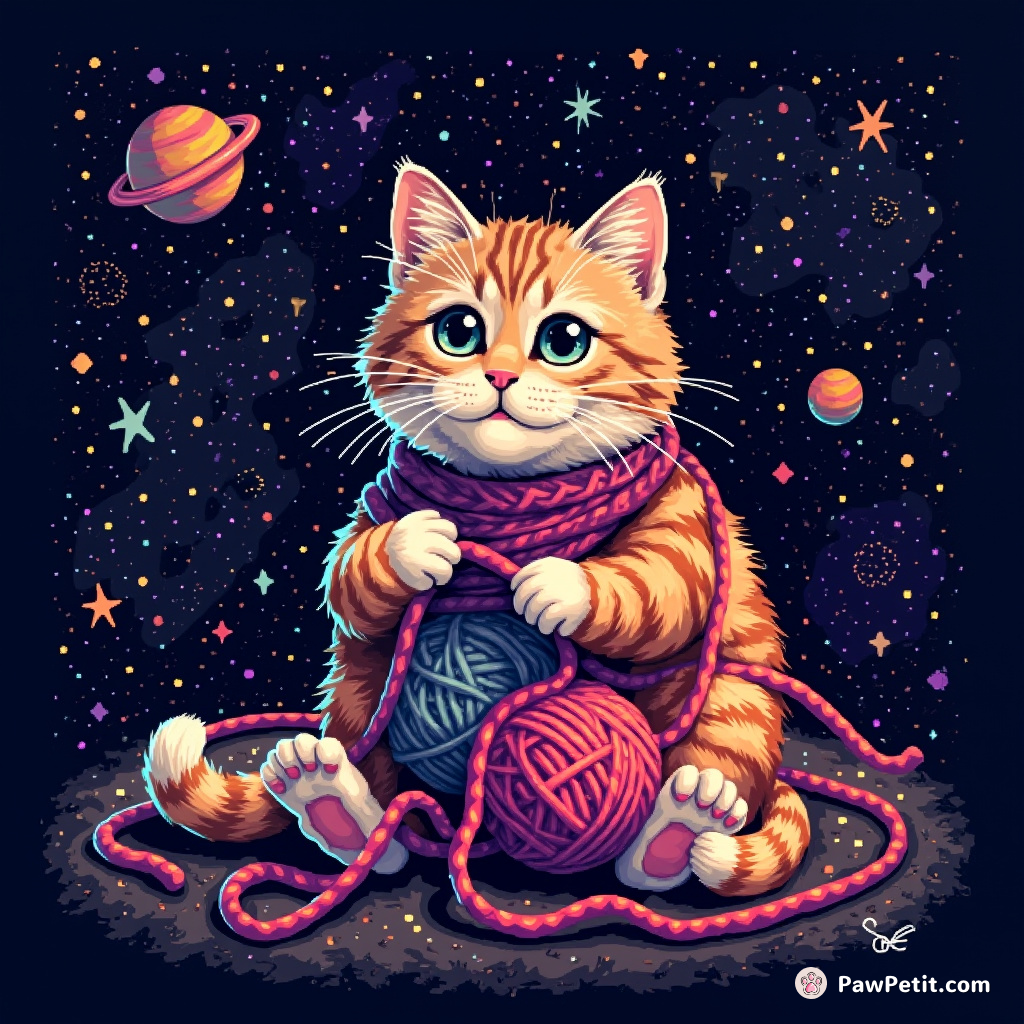 A spectral cat weaving constellations with its outer space yarn.