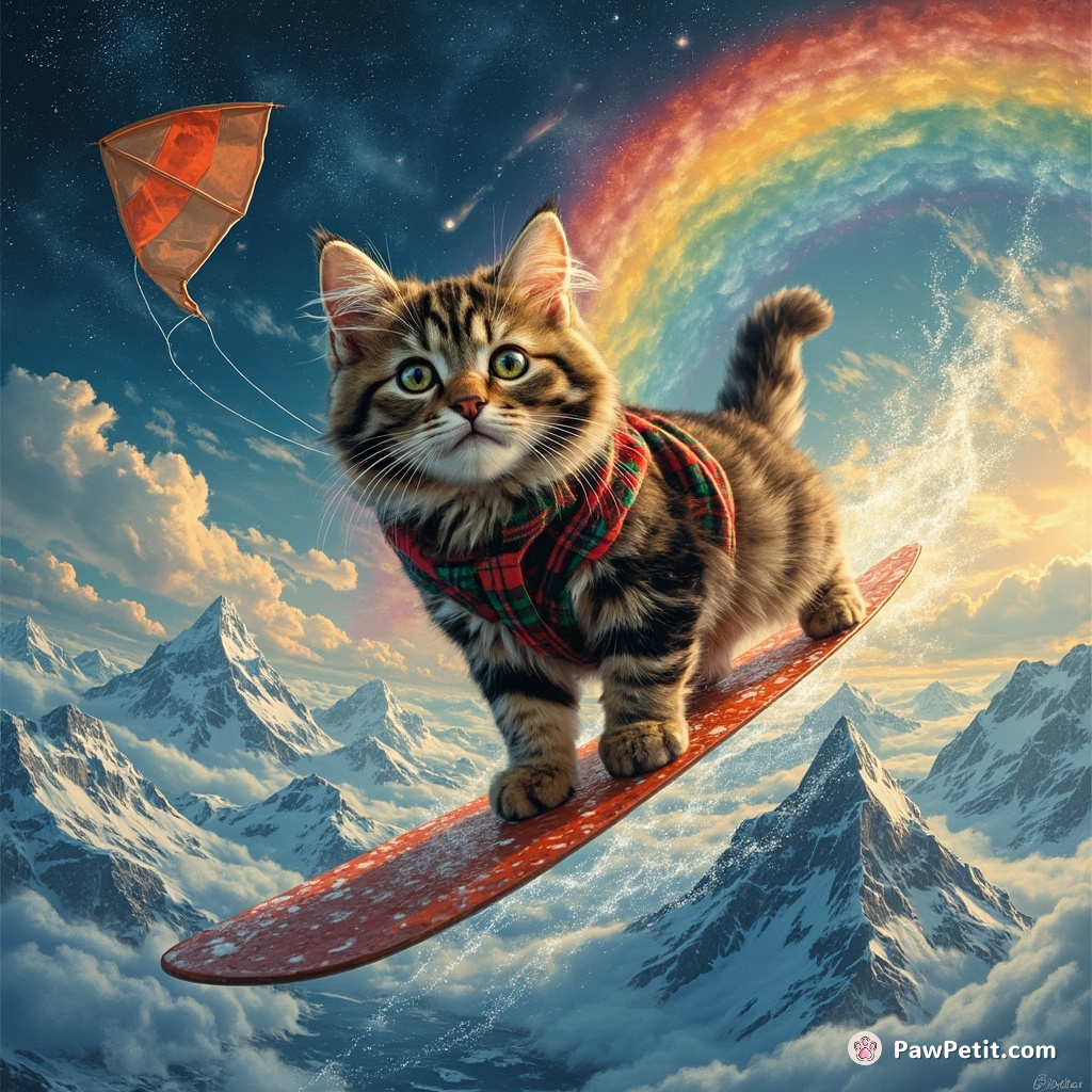 A plaid-patterned cat kitesurfing on a rainbow over the Arctic, stitching a cosmic tapestry with its whiskers.