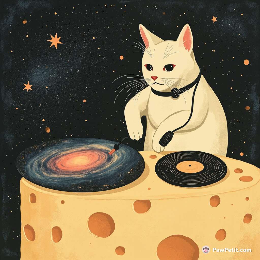 A cat DJing on a cheesy moon, using slices of galaxy as vinyl records.