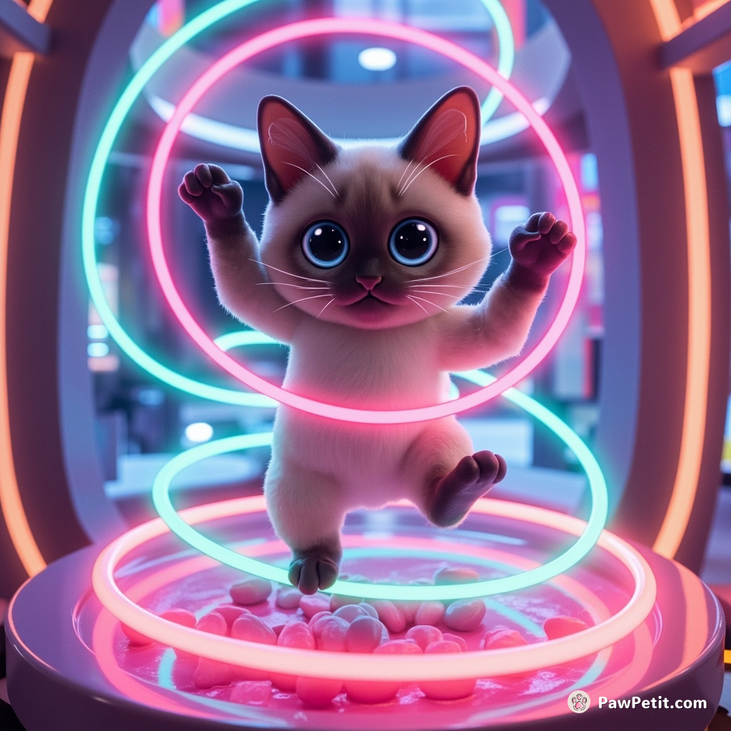 A Siamese cat levitating inside an extraterrestrial jelly bean factory, weaving neon ribbons of gravity with ghostly paws.