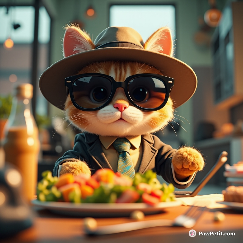 Donning shades and a hat, cat swipes office lunch; amid investigative chaos, his content purring was the only confession.