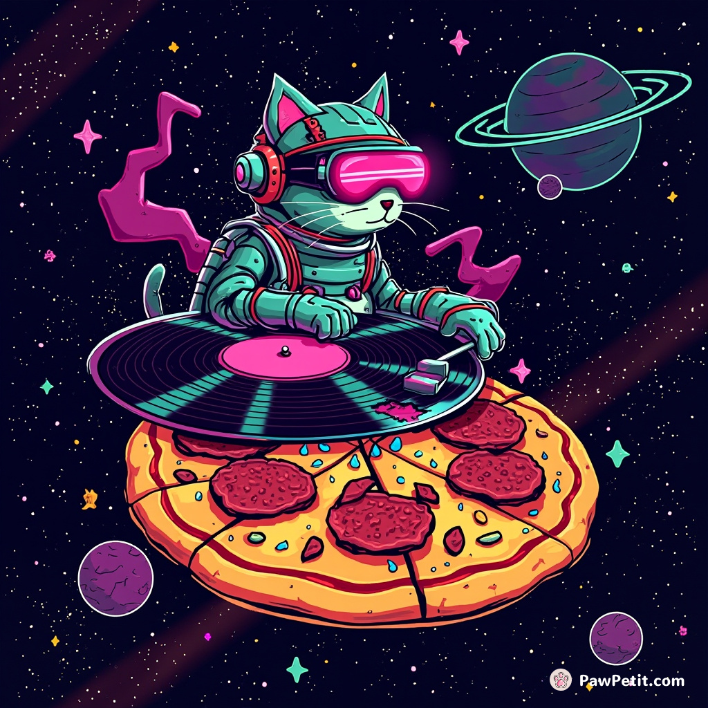 Cybernetic cat DJ spinning neon vinyl records atop a floating pizza in space.