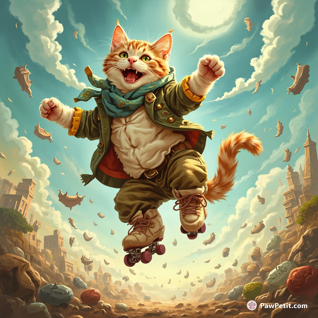 A cat wildly leaps, spins mid-air, lands with paws up, savoring outdoor chaos like a clumsy human on roller skates.