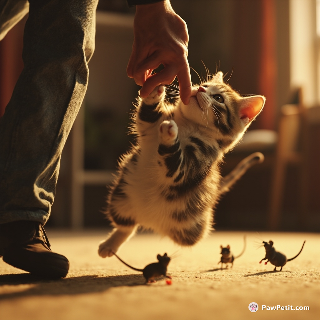 The cat, believing humans are giant mice, pounces on a person's leg to "catch its prey.