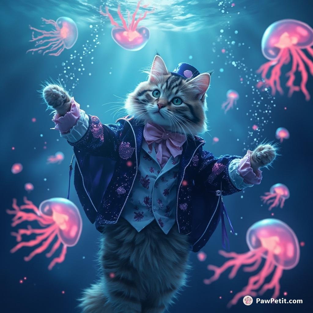 A cat juggling fluorescent jellyfish underwater in a sparkly magician's outfit.