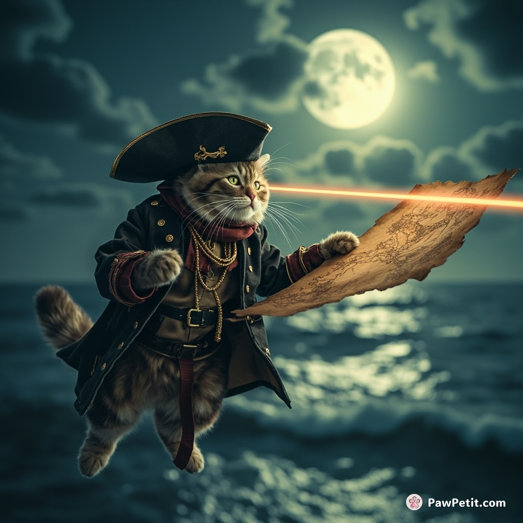 Steampunk pirate cat using a laser pointer as a treasure map, levitating over an ocean enrobed in moonlight.