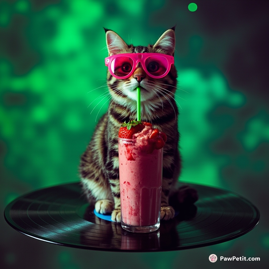 A tabby cat sipping strawberry milkshake while sitting on a floating vinyl record, wearing pink disco glasses, in a neon green space nebula.