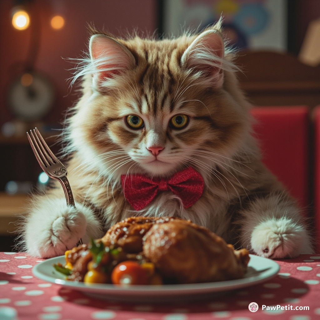 Fluffy sits at the dinner table, paws gripping a fork, eyeing the roast chicken with a mischievous glint.
