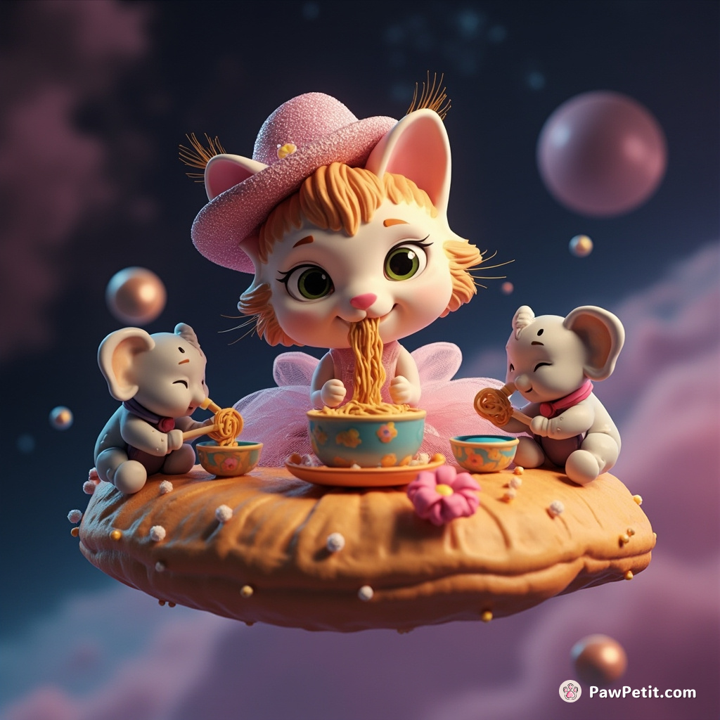 Cat having a tea party on a floating croissant in space, wearing a sparkly tutu and top hat, serving spaghetti to miniature elephant guests.