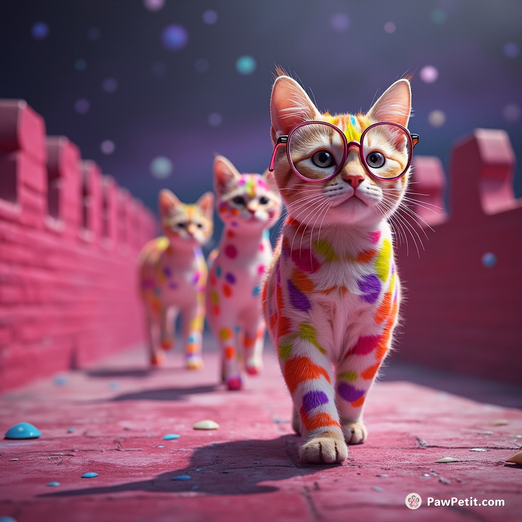 A neon cat, polka-dotted and spectacled, leads a parade of space-giraffes under candy rain down the raspberry-coloured Great Wall of China.