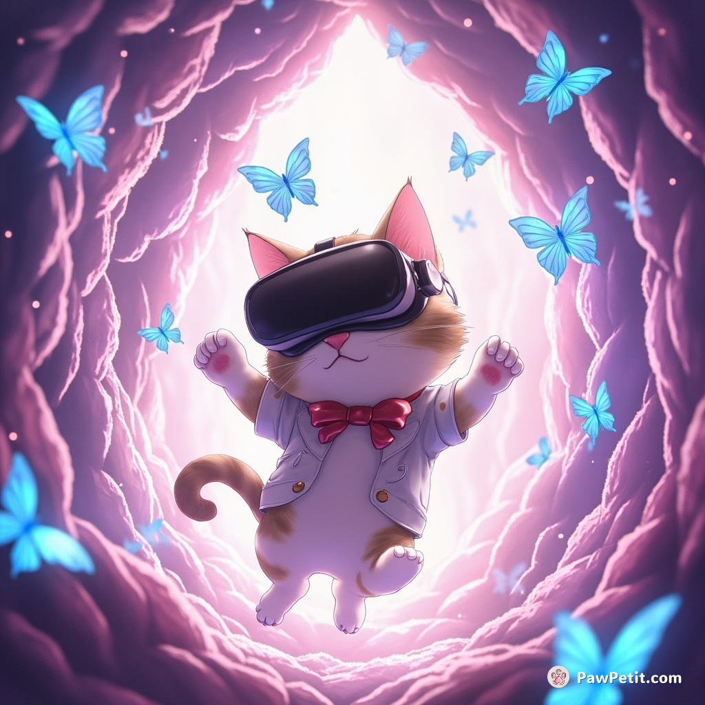 In a VR world, the cat leaps through shimmering portals, chasing digital butterflies.