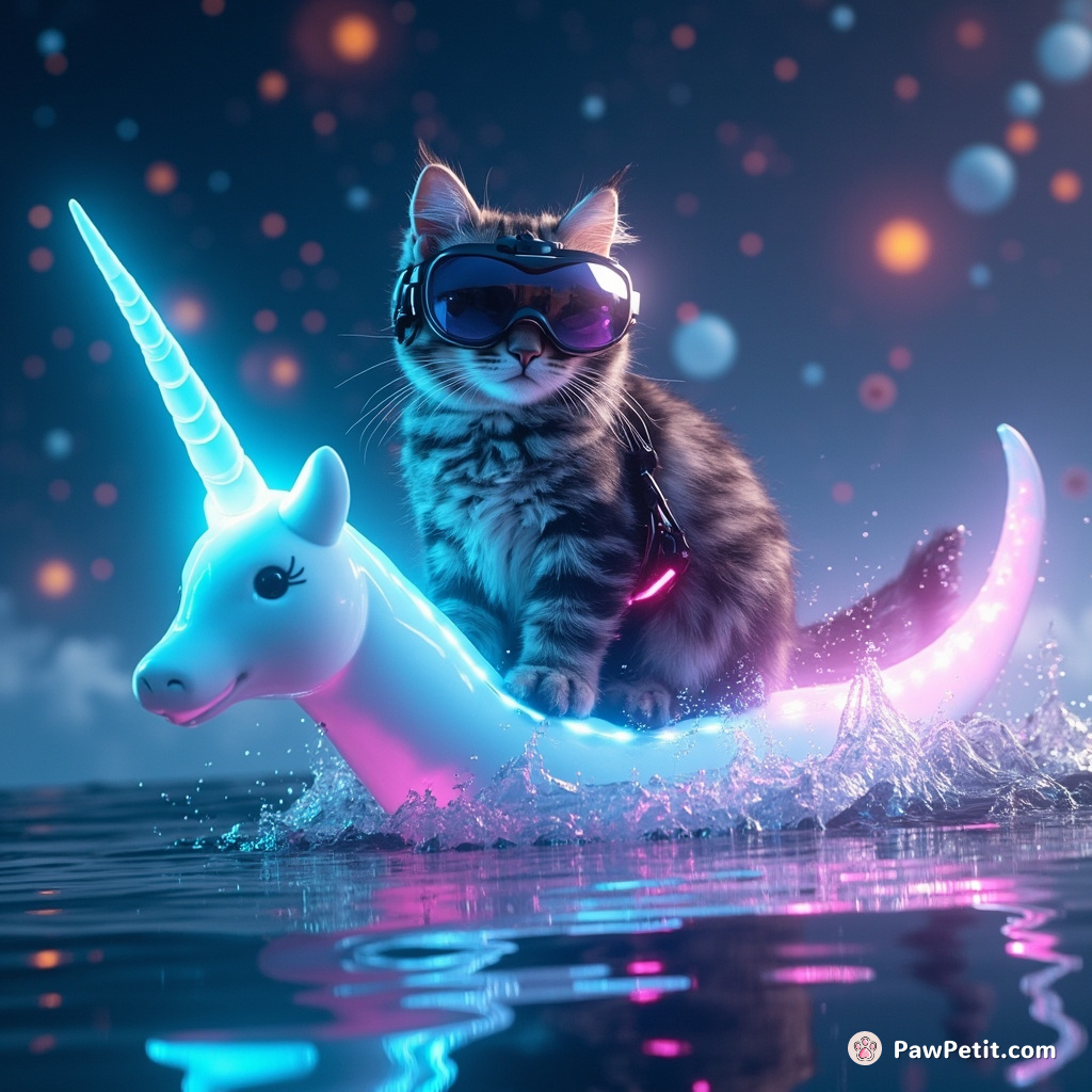 Cybernetic cat riding a vibrantly glowing neon narwhal through a digitized ocean in virtual reality space.