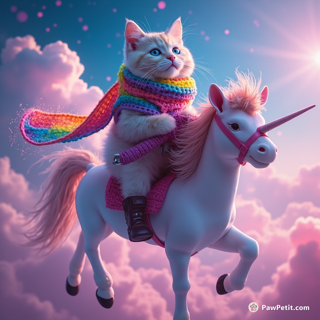 A cat knitting a rainbow-colored scarf from yarn spun out of stardust, while riding on a majestic unicorn soaring through cherry blossom clouds.