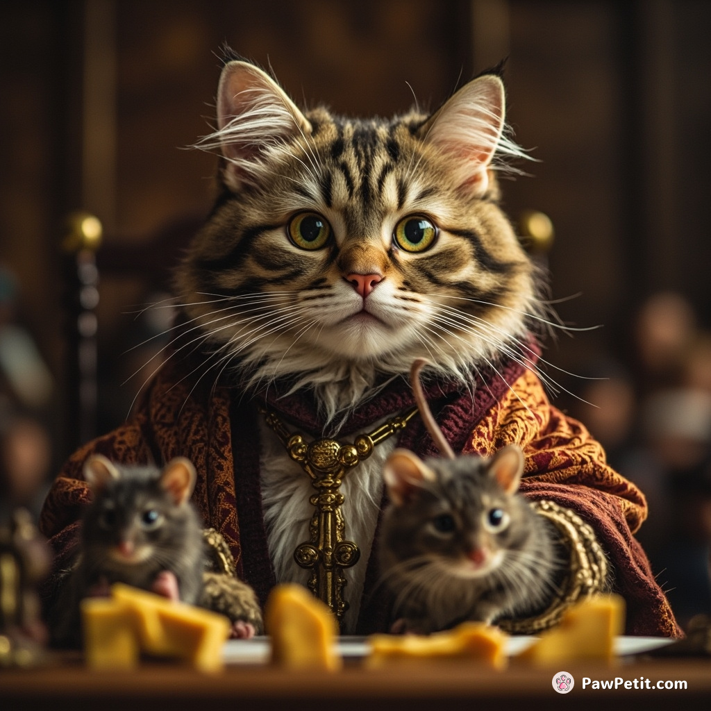 A cat presides over a courtroom, judging mice with a stern paw slam, declaring, "Guilty of cheese theft!
