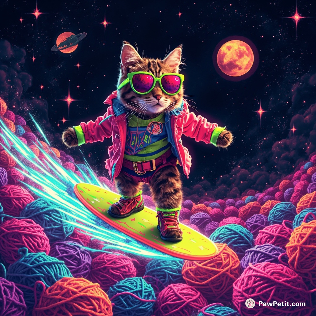 A cat in fluorescent punk attire surfing on a cosmic stream of neon yarn balls amidst the galaxies.