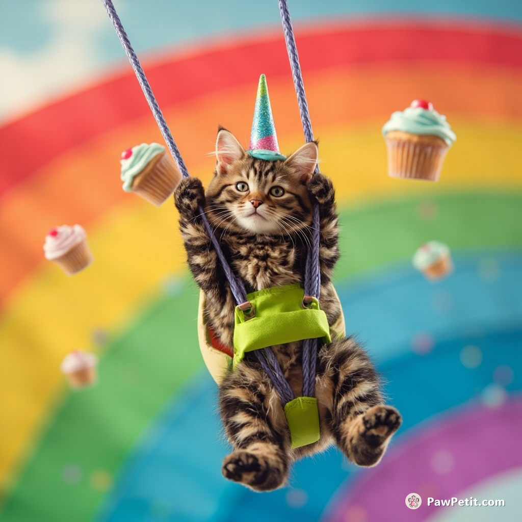 A tabby cat abseiling down a rainbow with a magical unicorn horn strapped to its head, collecting flying cupcakes in its lime green utility belt.