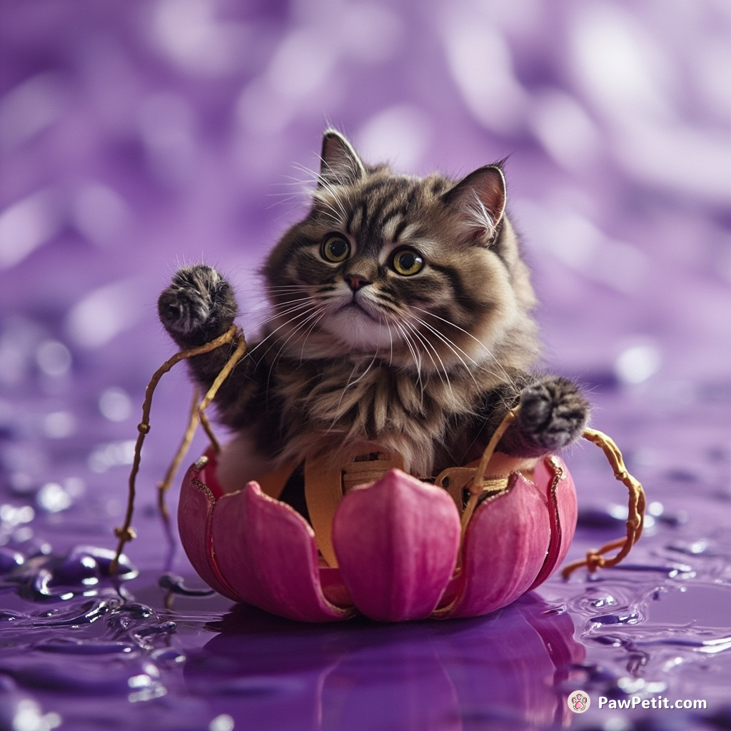 Mechanical cat rowing a tulip boat in a purple sea of mercury.