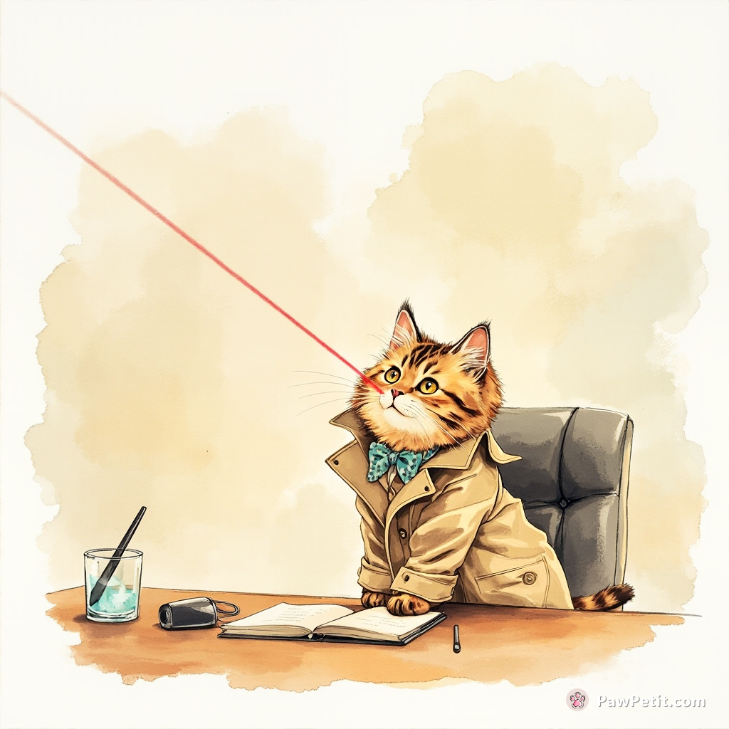Fluffy the cat, in a trench coat, attempts a business meeting but ends up chasing a laser pointer instead.