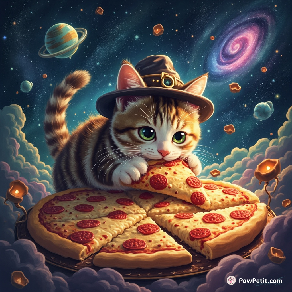 Cat sneakily stealing a slice of galaxy from a cosmic pizza restaurant floating in space.