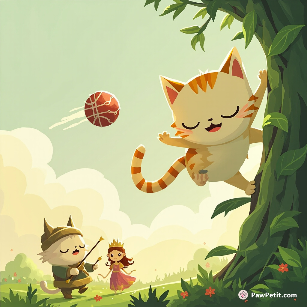 Whiskers the cat scales the beanstalk, duels a giant with a hairball, rescues a purring princess.