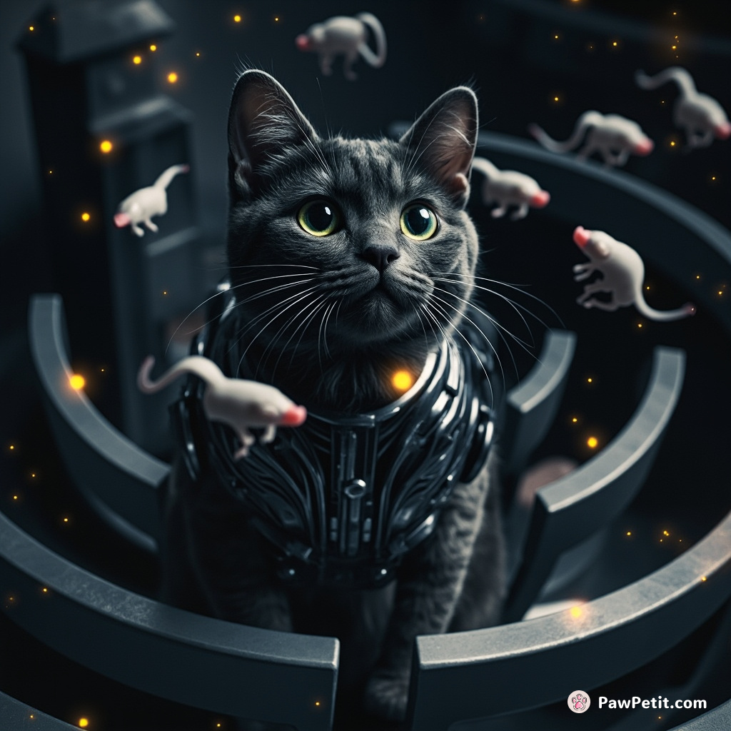 Cyborg cat exploring an intergalactic rodent maze, levitating laser mouse toys with its mind.