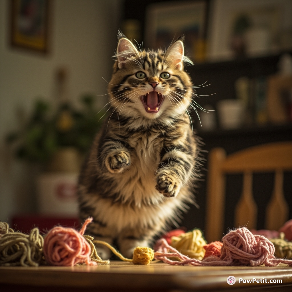 The cat leaps onto a wobbling table, knocking over crafts and yowling as yarn unravels around its paws.