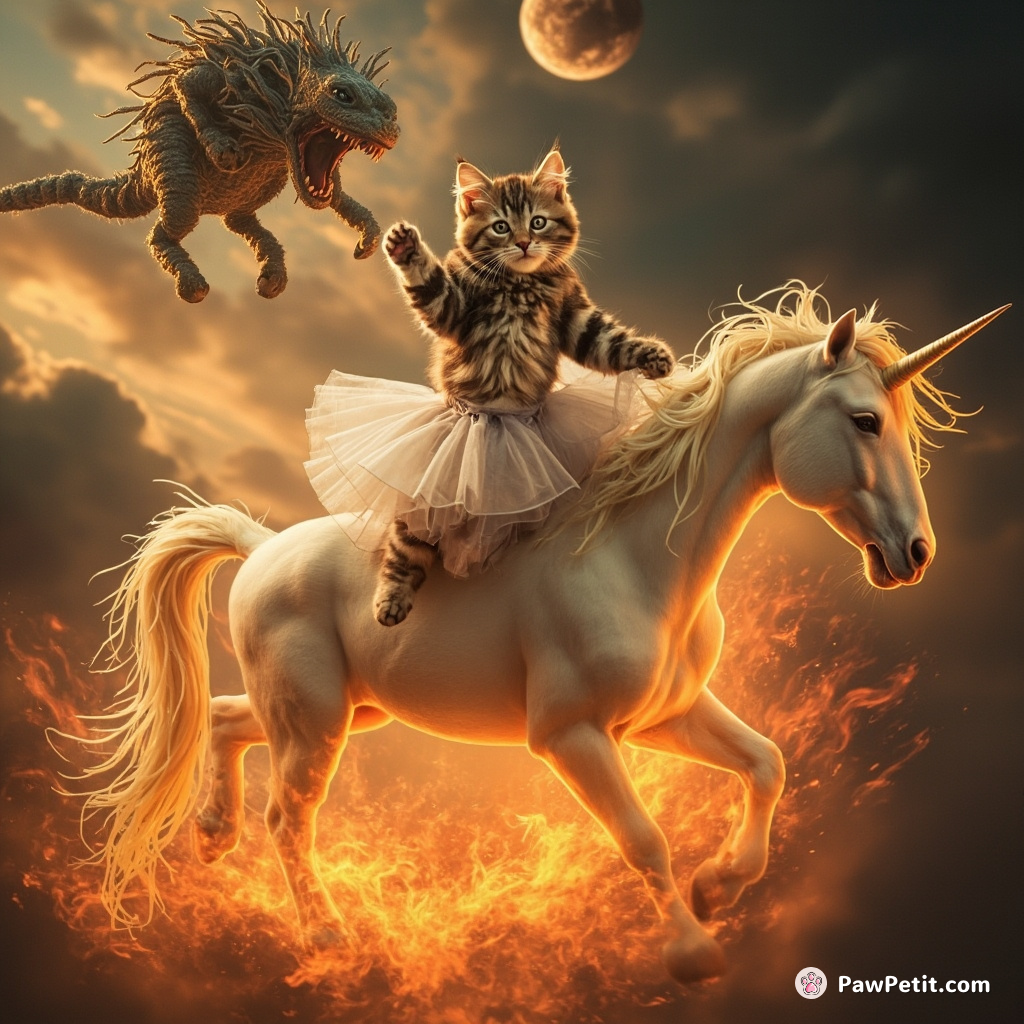 A tabby kitten gracefully performing ballet on a flaming unicorn, beneath the flying spaghetti monster.