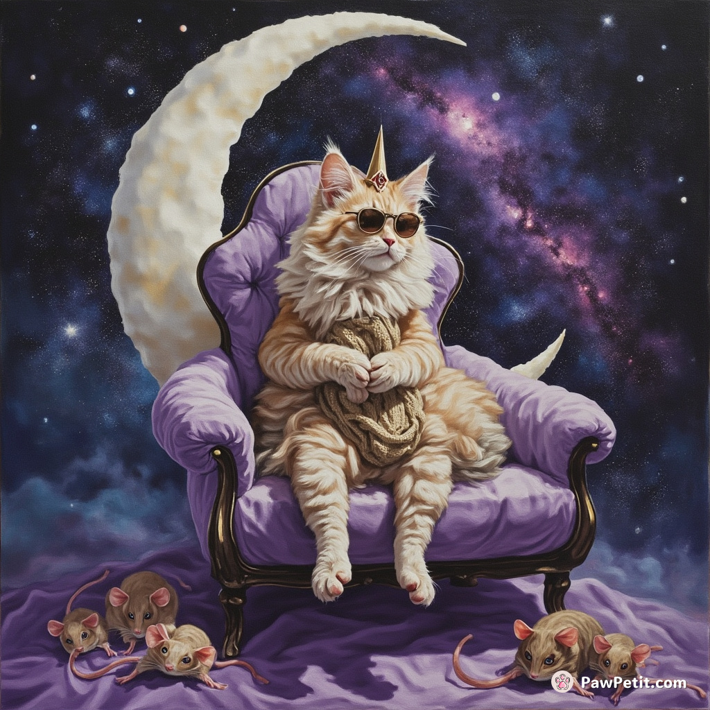 A three-legged feline queen, sitting on a moon-shaped lavender throne, knitting an intangible galaxy out of ghosts of vanquished space mice.