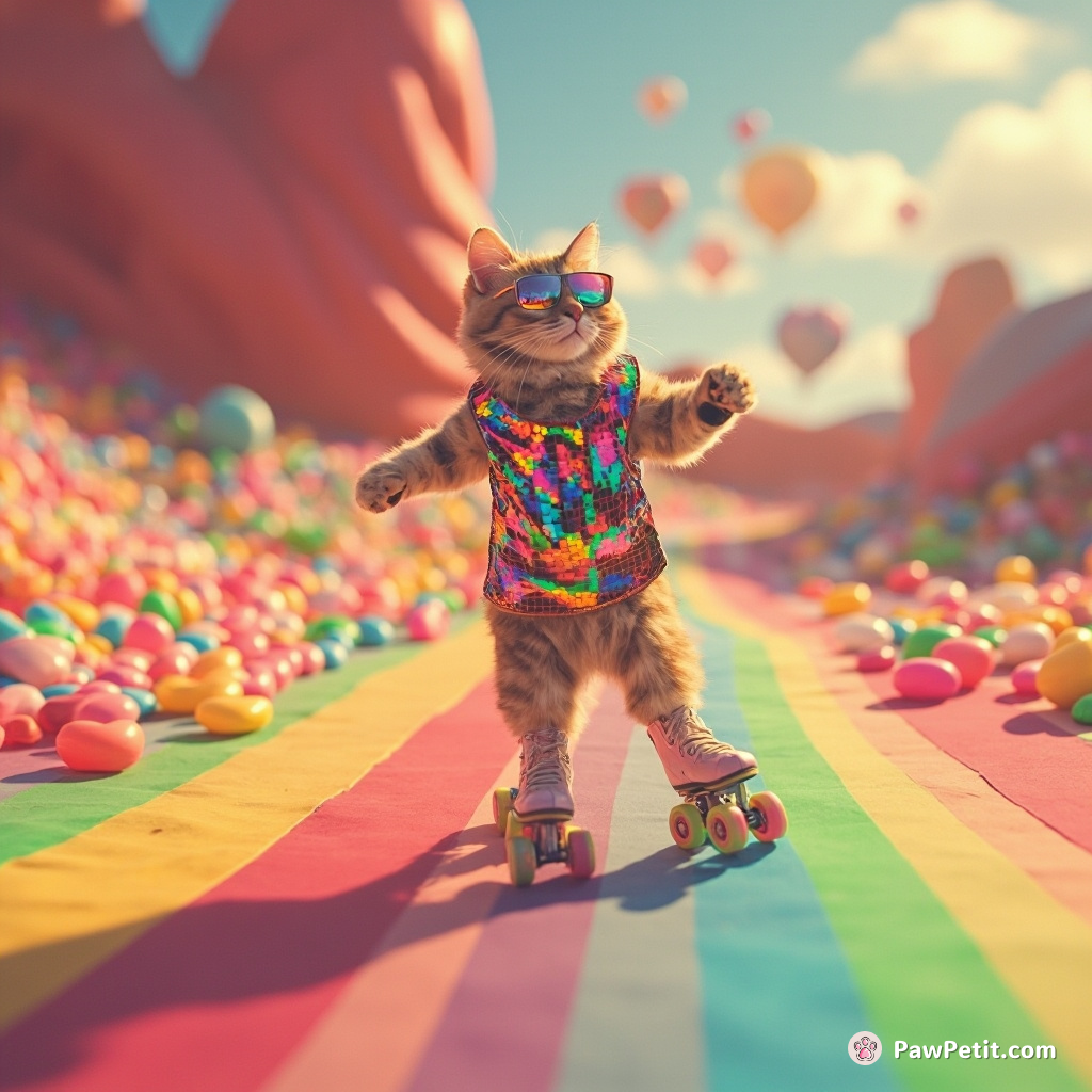 A disco-dancing cat gliding across a jelly bean landscape on roller skates, creating rainbows under her tracks.