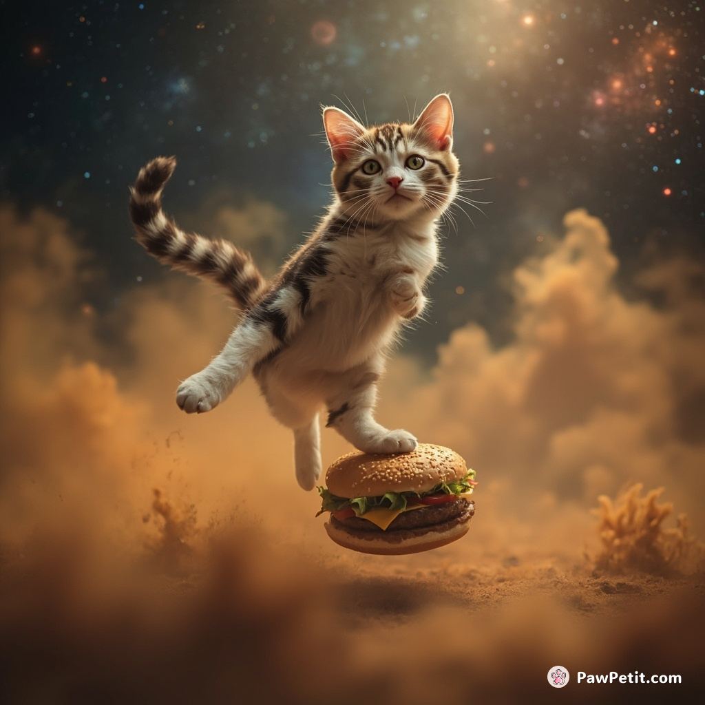 A calico cat performing a ballet pirouette on a floating cheeseburger in the midst of an interstellar space dust storm.
