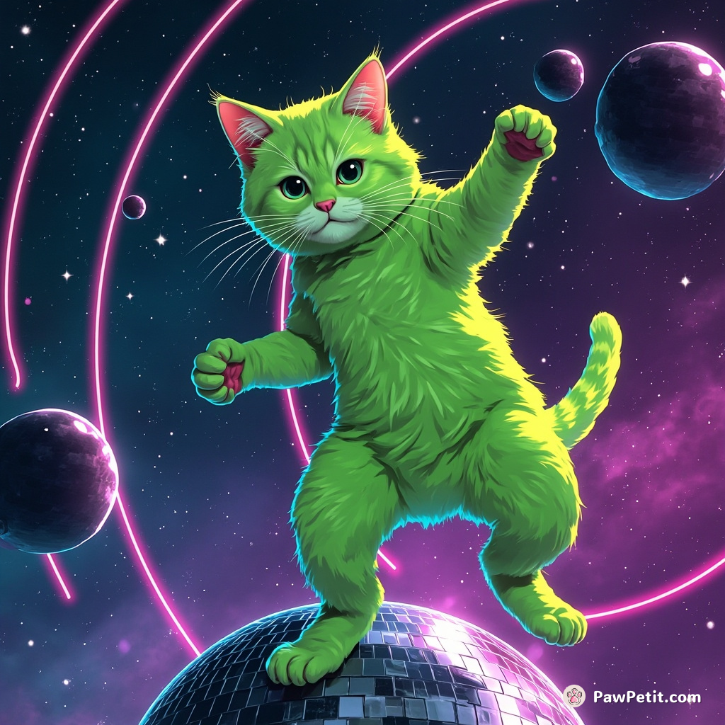 A neon green cat breakdancing on a disco ball in zero gravity space.