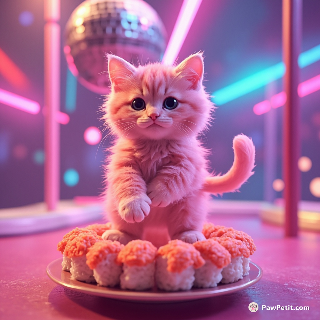 A fluffy pink kitten gracefully tap-dancing on a sampler of sushi floating in mid-air under a neon disco ball.