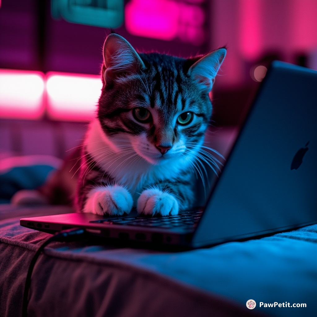 The cat diligently types on a laptop, pawing at the keyboard with determined precision.