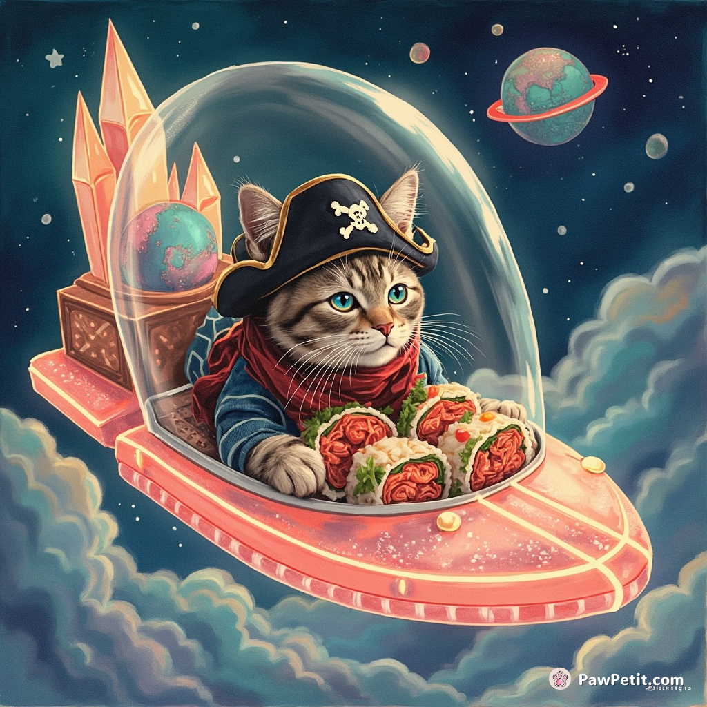 Space pirate cat feasting on floating neon tuna rolls aboard a crystal spaceship.