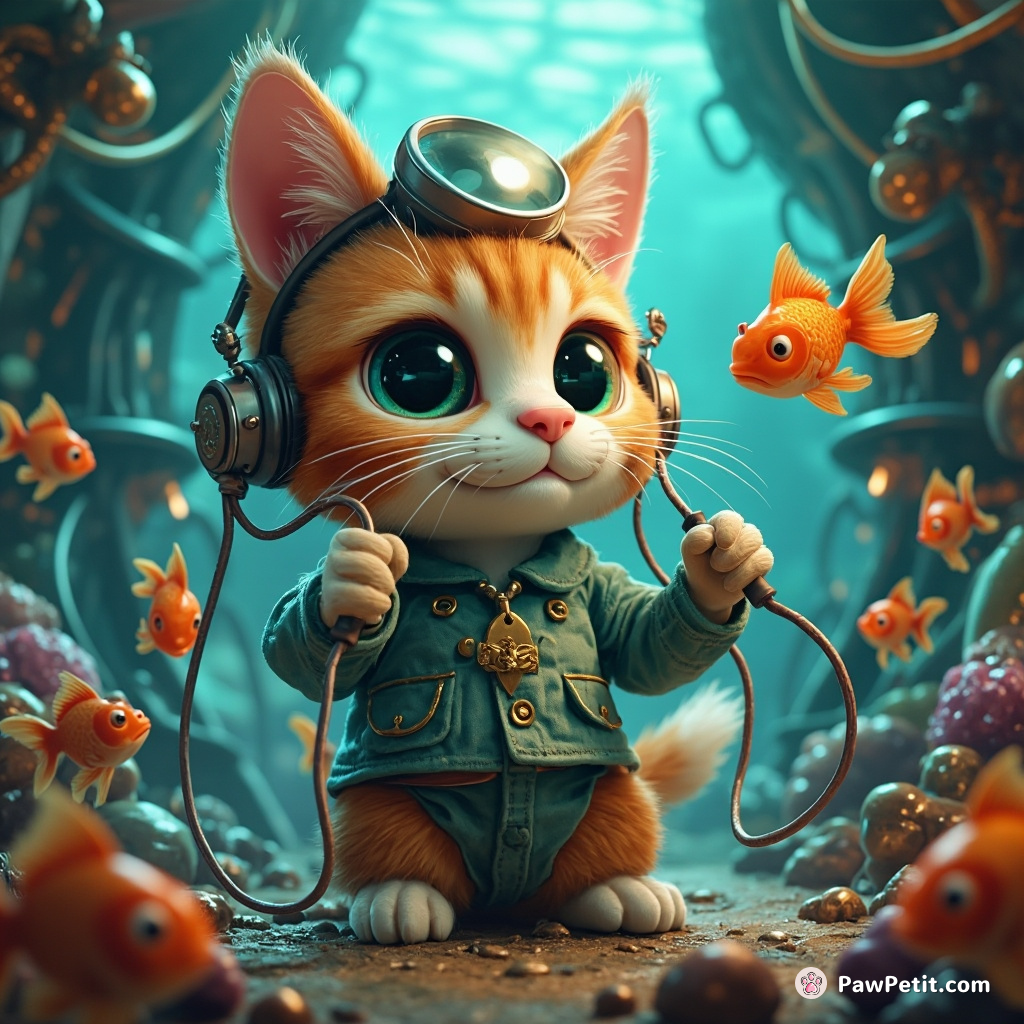 Cat brain surgeon operating with a team of goldfish in a steampunk underwater lair.