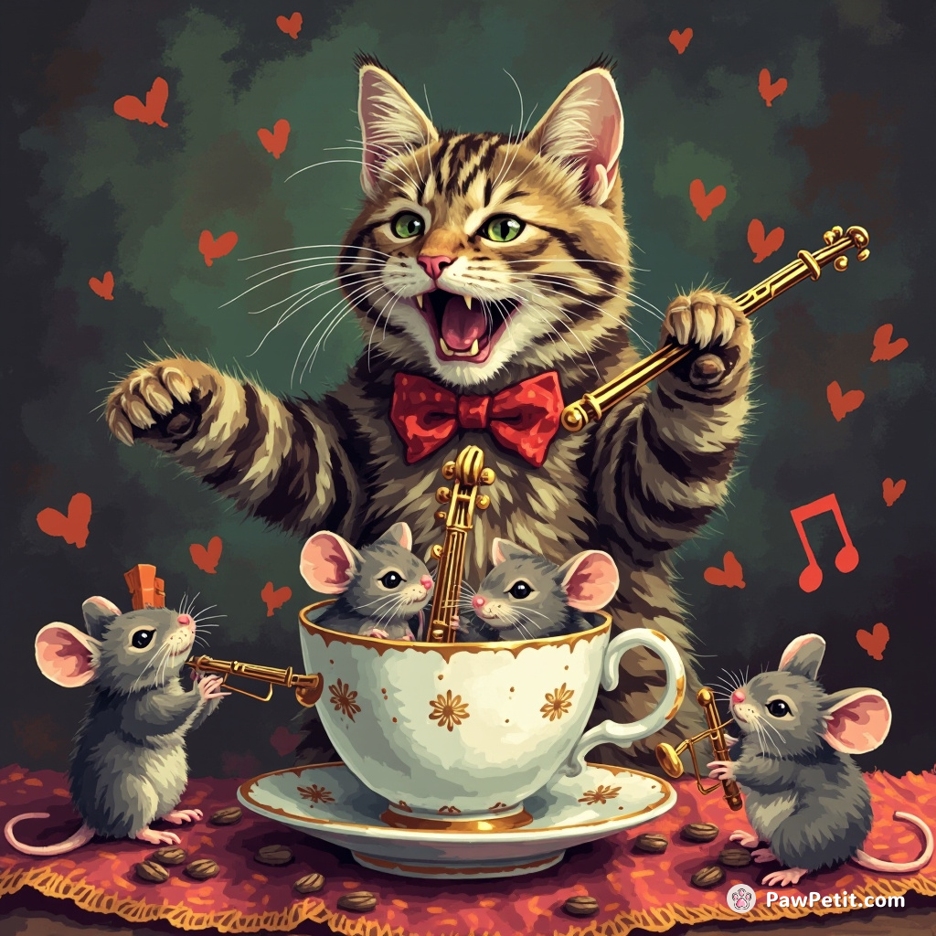 Cat enthusiastically conducting an orchestra of mice playing tiny instruments inside a teacup.