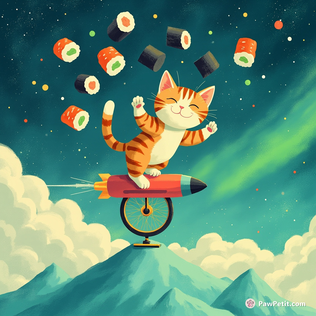 Cat pirouetting on a rocket-powered unicycle while juggling sushi rolls atop a turquoise candy mountain under psychedelic northern lights.