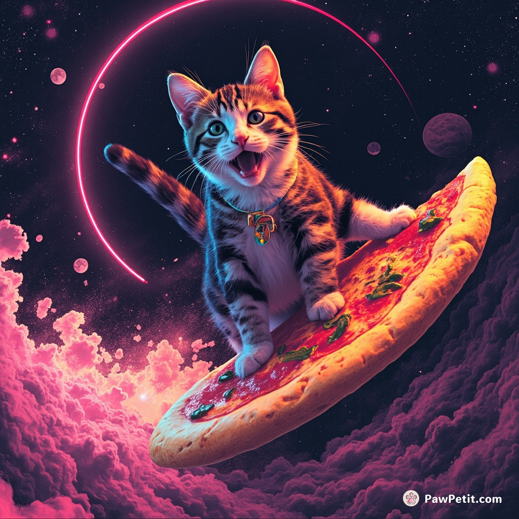 A cosmic tabby cat joyfully surfing on a giant slice of pizza, hurtling through a neon wormhole in deep space.