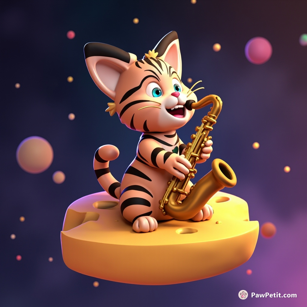 Cat with zebra stripes playing a saxophone on a floating cheese in outer space.