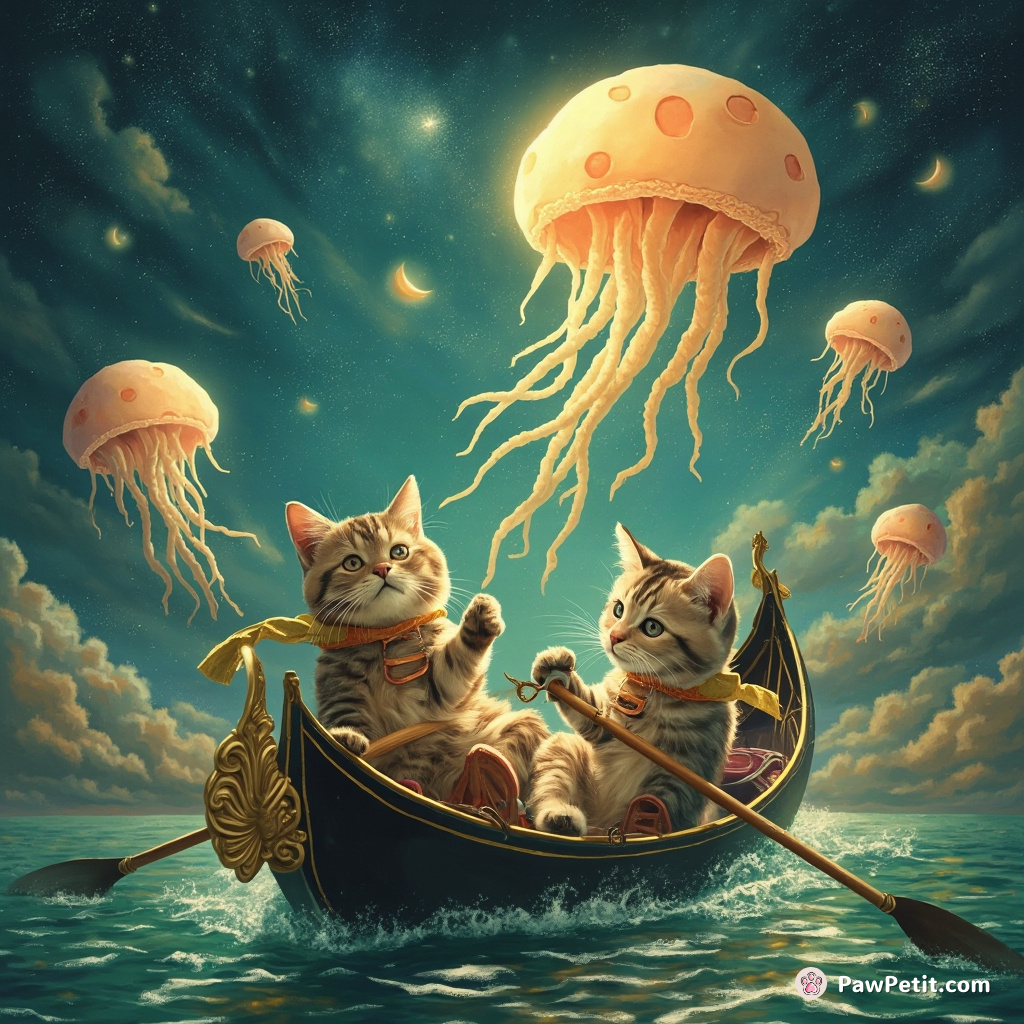 A cat as dramatic gondoliers rowing on a cheese river under a jellyfish sky.