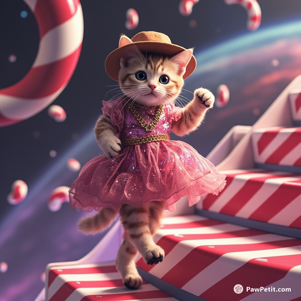 Cat tap dancing on a candycane staircase in outer space wearing a tiny stetson and sparkling salsa dress.