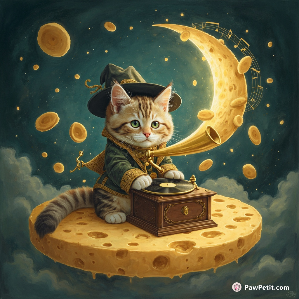 Cat using an old gramophone to play classical music on the top of a floating cheese moon.