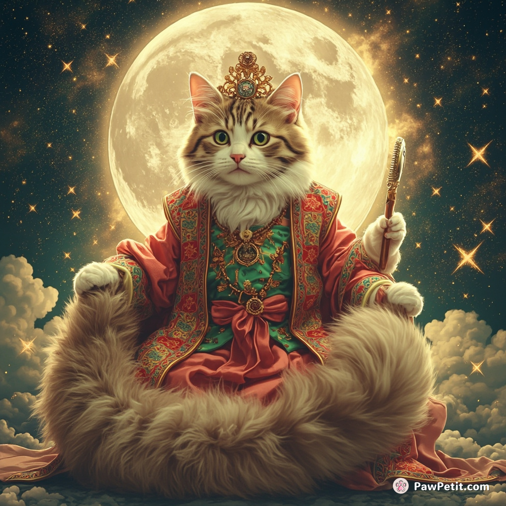 Cat resplendently dressed as Marie Antoinette brushes her giant floofy tail in front of a psychedelic, star-swirl mirror on the moon.
