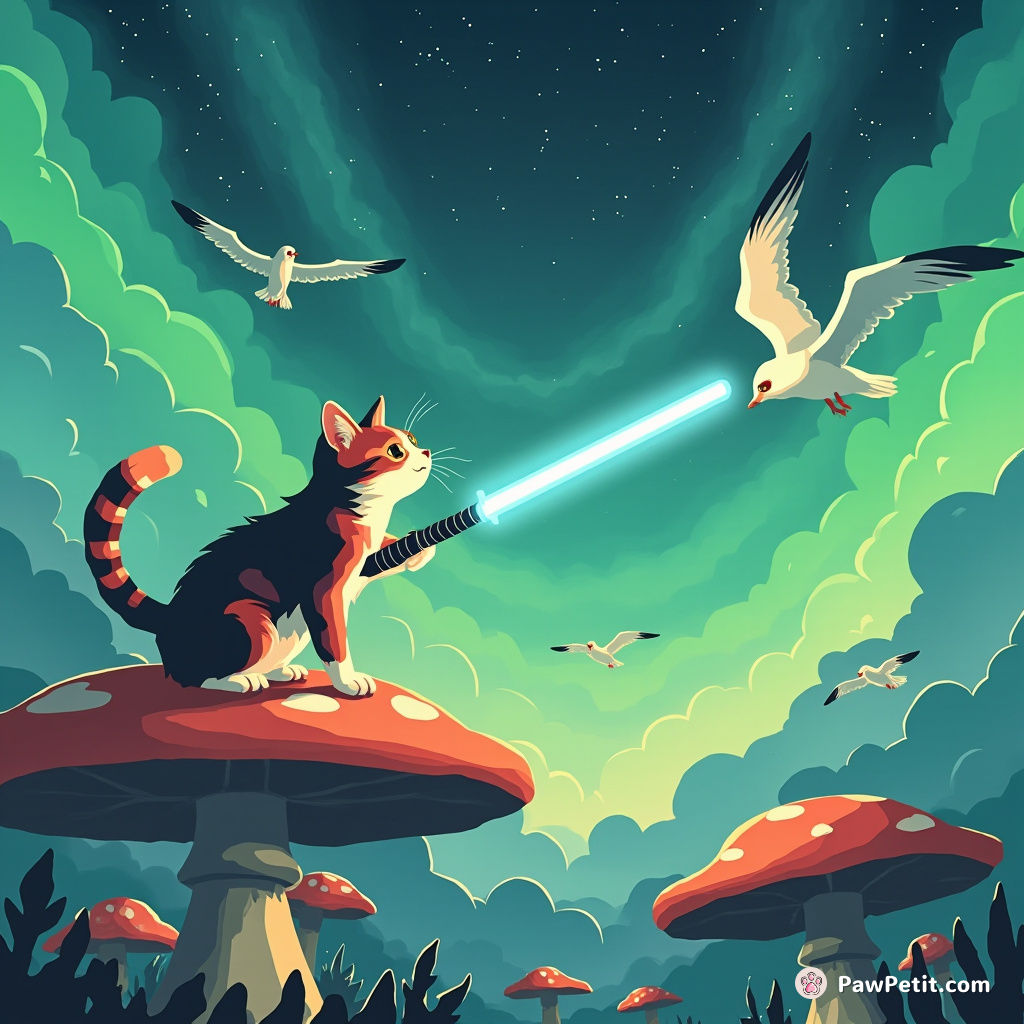 Cat engaged in a light saber battle with alien seagulls on the roofties of giant mushrooms, under an aurora borealis sky.
