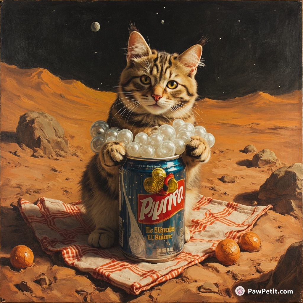 Giant cat popping out of a bubbly soda can over a picnic on Mars.